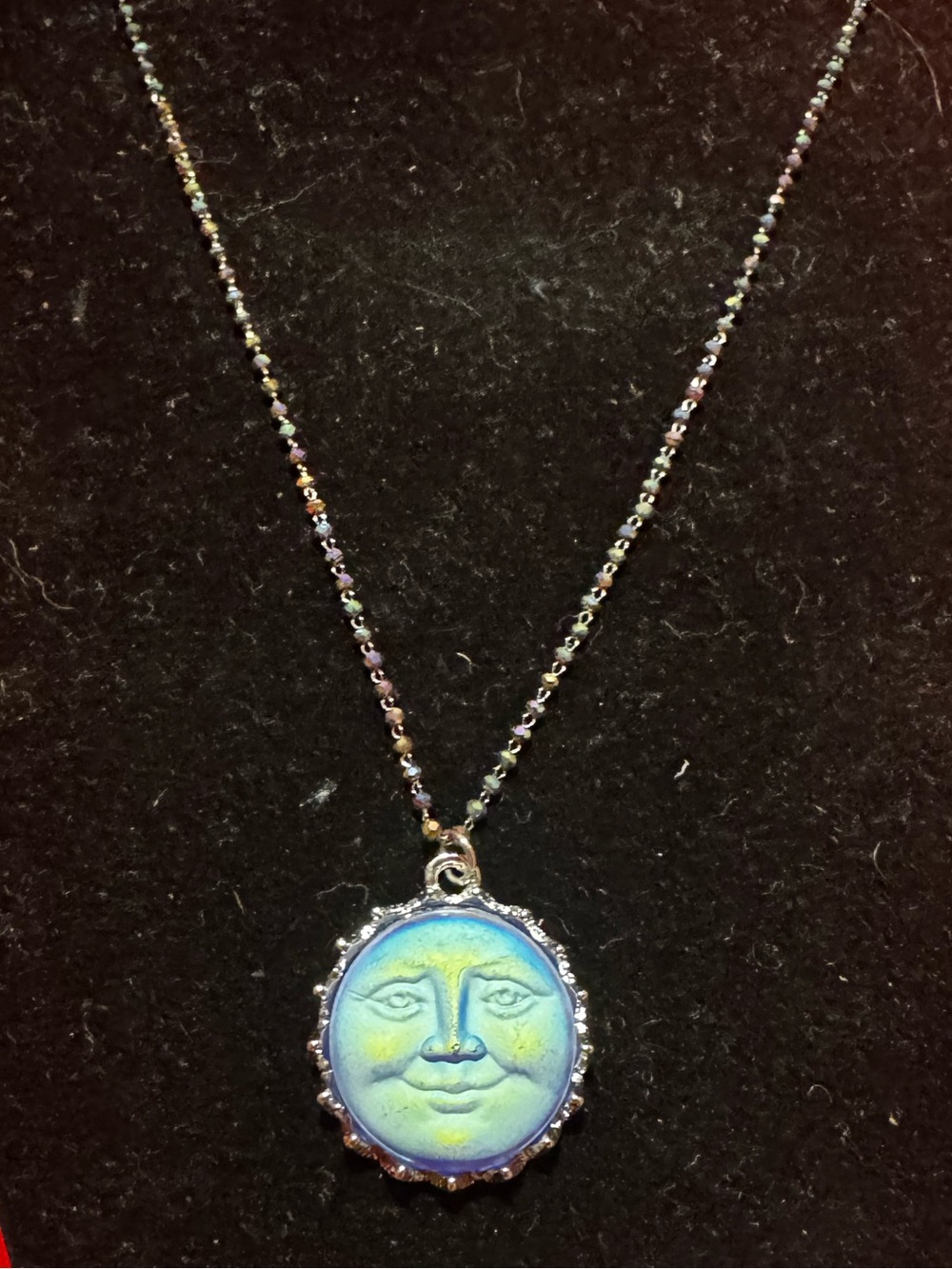 Iridescent Blue-Green Moon Face Pendant Necklace - Silver Tone